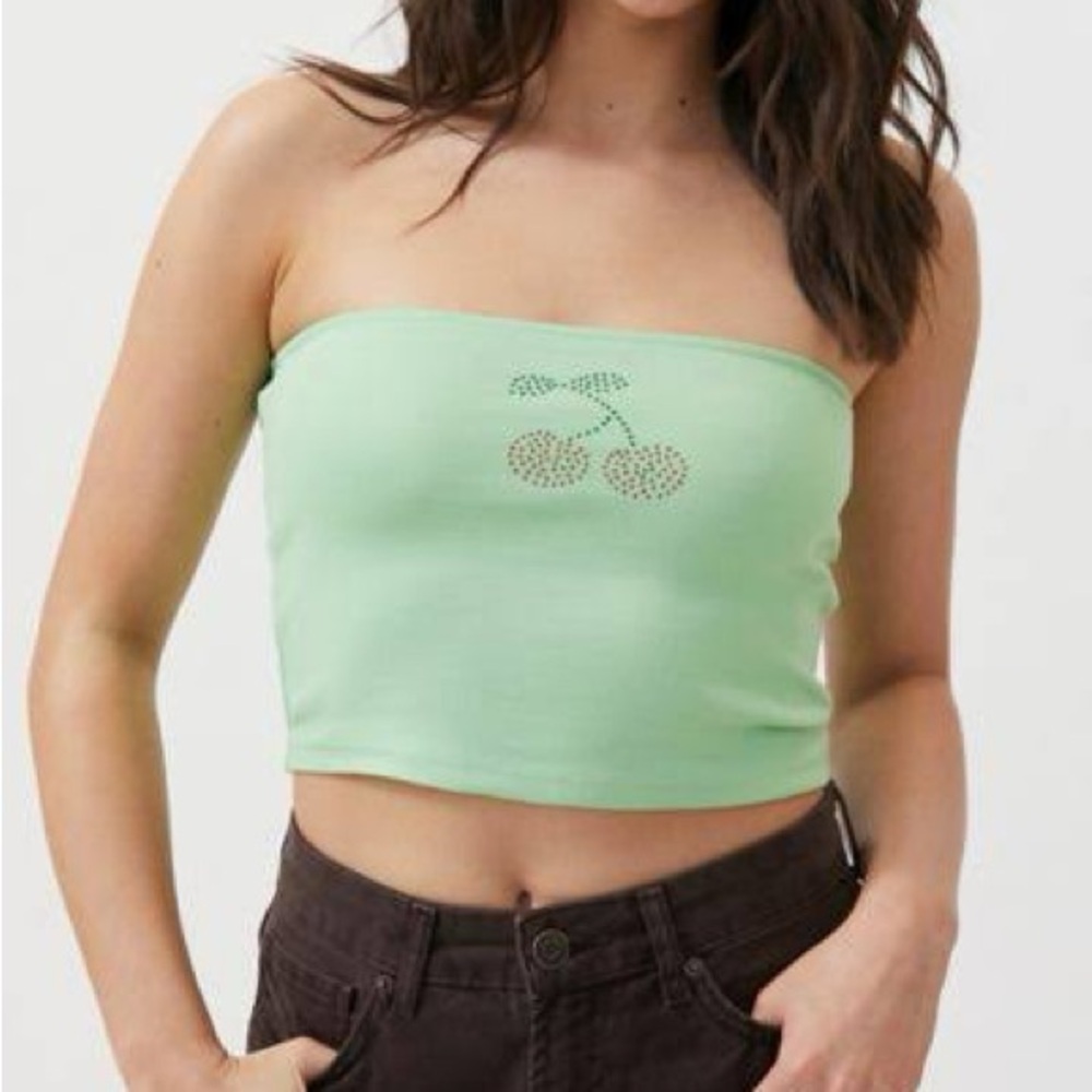 Urban Outfitters Diamante Cherry Cropped Tube Top In Lime